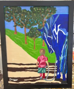 Child Walking With a Blue Horse (painting 16” x 18,” frame 18” x 22”)