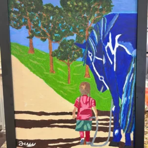 Child Walking With a Blue Horse (painting 16” x 18,” frame 18” x 22”)