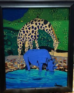 Blue Giraffe and Rhinoceros (painting 16” x 20,” frame 19” x 23”)