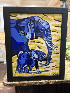 Blue Elephants (painting 16” x 20,” frame 19” x 23”)