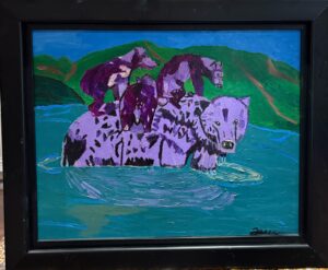 Bears in Water (painting 20” x 16,” frame 23.5” x 19.5”)