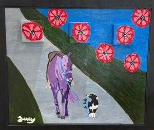 Horse Led by a Dog (painting 24” x 20,” frame 27.2” x 23”)