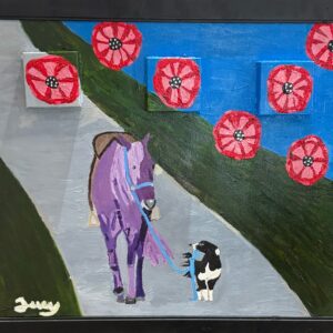 Horse Led by a Dog (painting 24” x 20,” frame 27.2” x 23”)